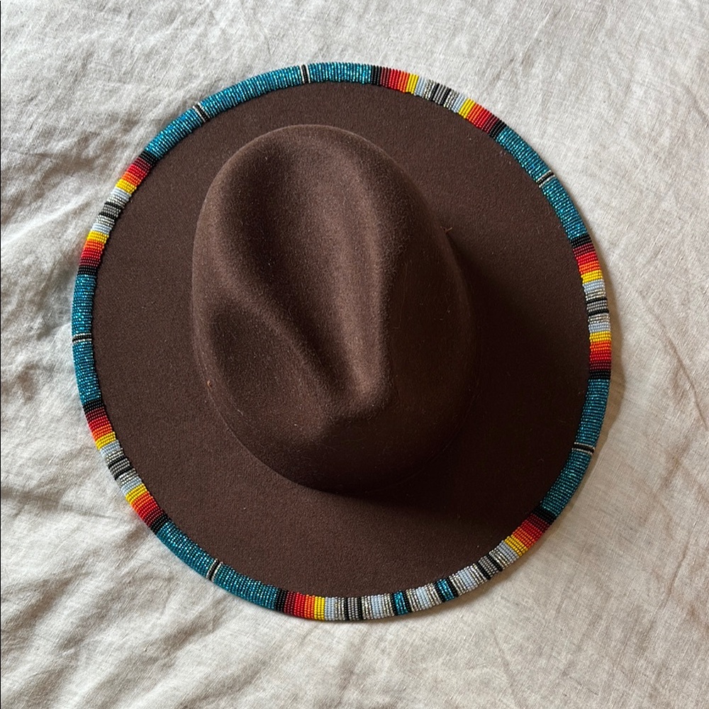 Brown Hat with Colorful Beaded Trim